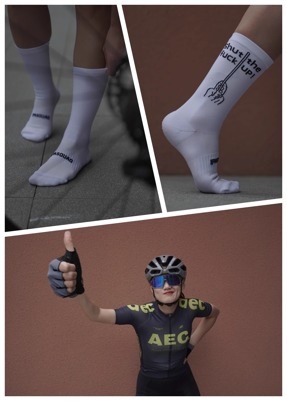 IPASOUAO胜利时刻 - 骑行者庆祝胜利并展示骑行袜